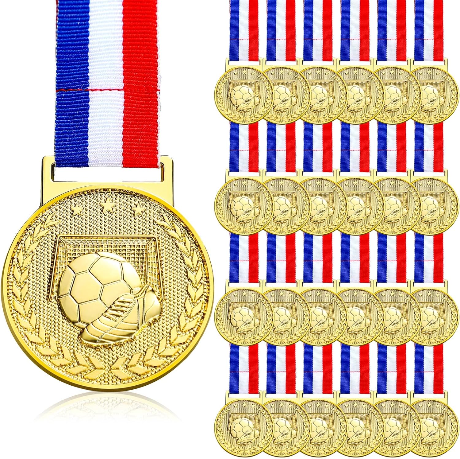 24 Pcs Soccer Medal Award Gold Soccer Metal Medals with Ribbons for Sport Party Favors Prizes Awards Team Gifts