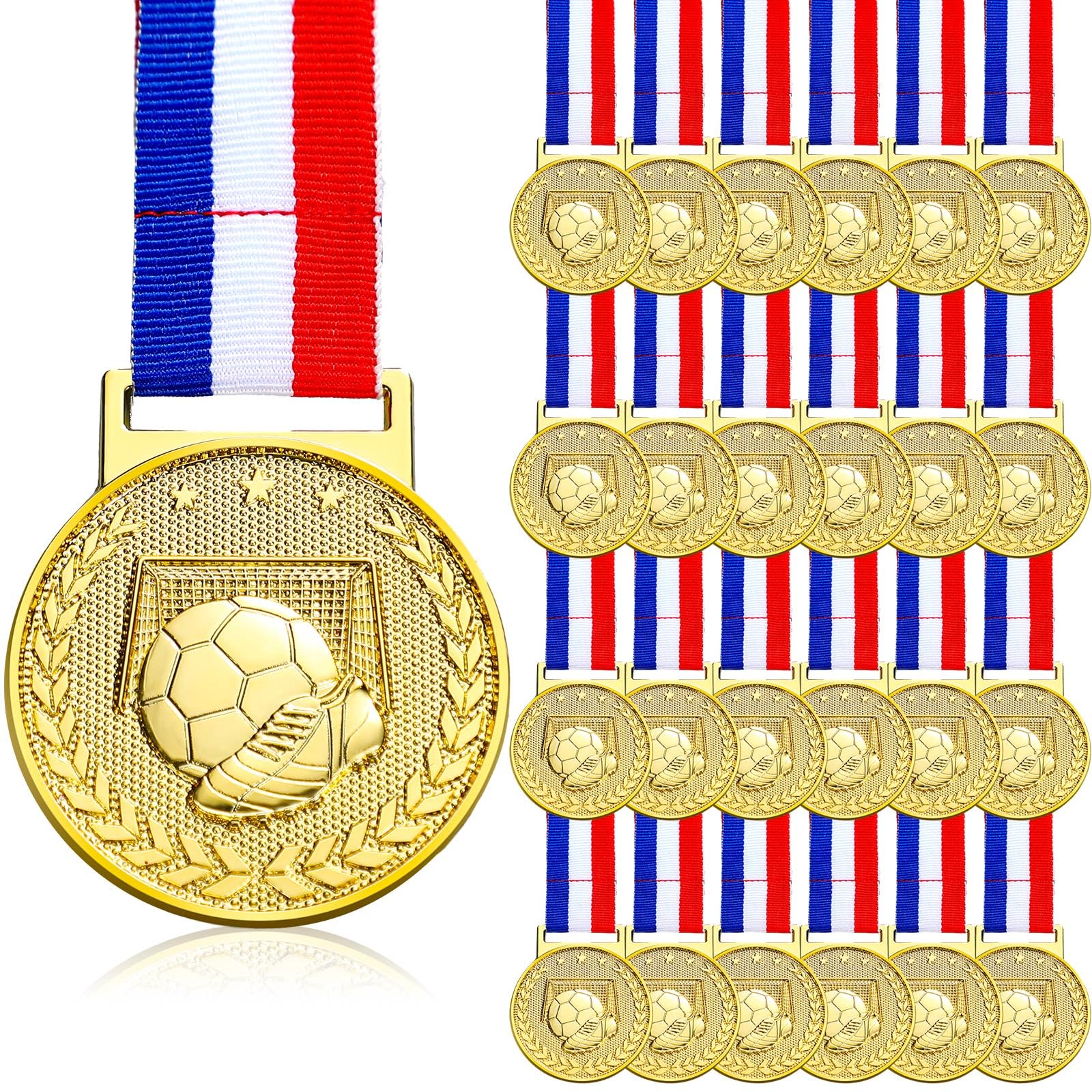 24 Pcs Soccer Medal Award Gold Soccer Metal Medals with Ribbons for Sport Party Favors Prizes Awards Team Gifts