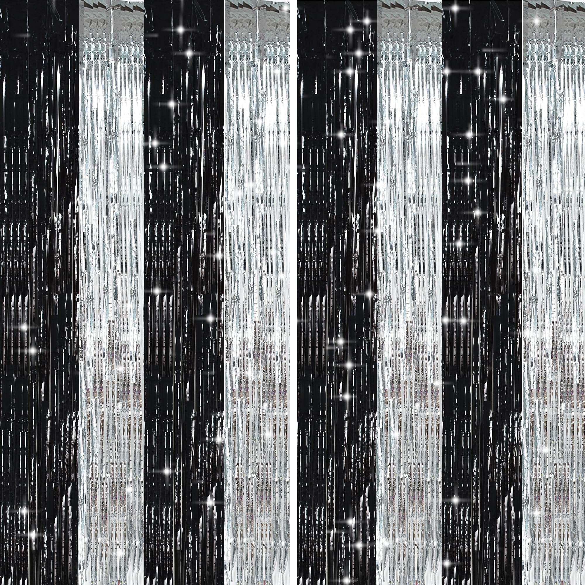 TONIFUL 2Pcs Black and Silver Metallic Tinsel Foil Fringe Curtain Streamers
