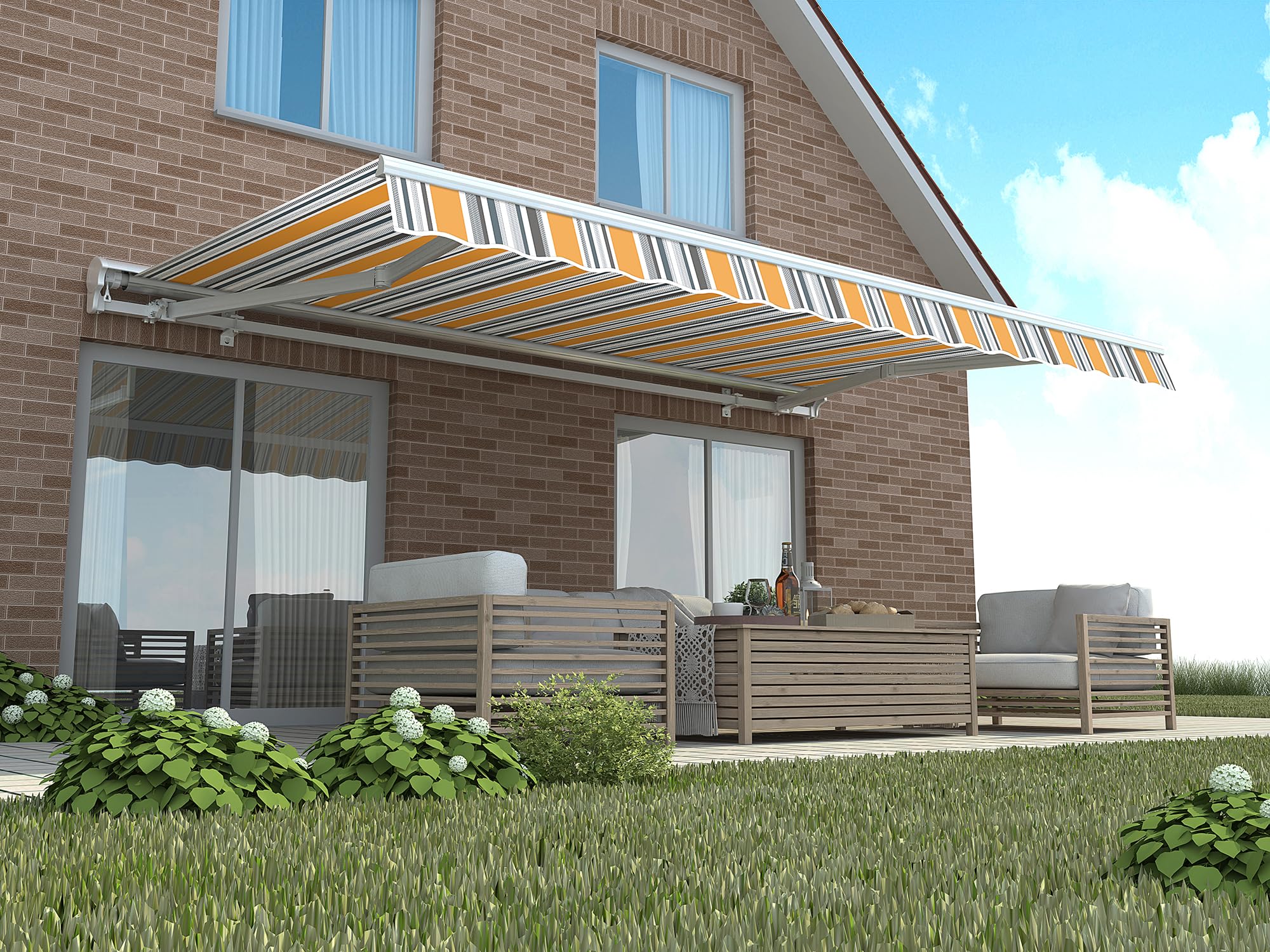 home Trends Preisgünstige Markisen Tuch Markisenbespannung Ersatzstoffe Markisenstoffen Sonnenschutz MIT Volant mit verschiedenen Maße und Farbe (4x3 m=387x300cm,P5002- Orange Grau Weiß Gestreift)