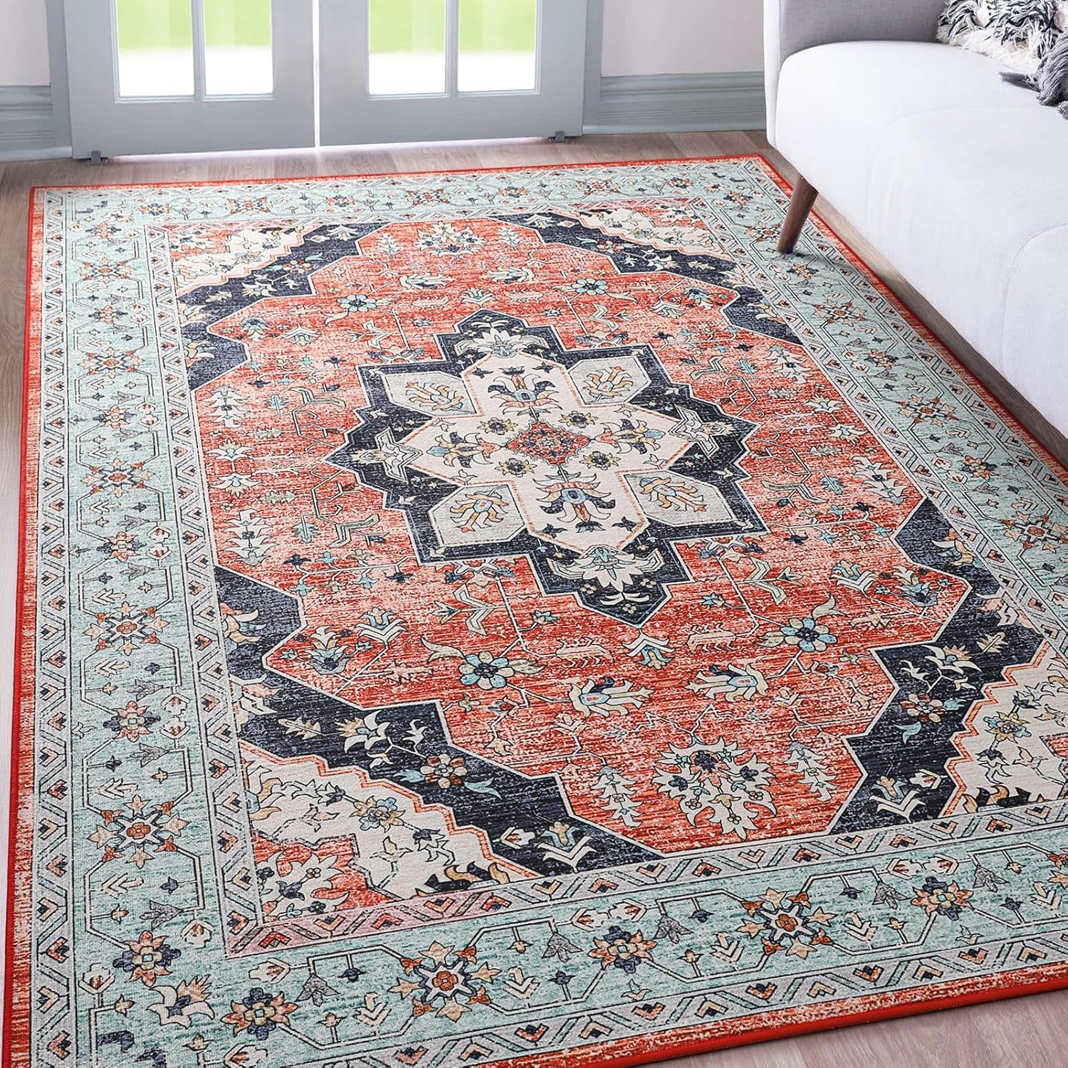 Tappeto Salotto Moderno Lavabile 140 x 160 cm Tappeti Camera da Letto Tappeto Pelo Corto Antiscivolo Morbido Tappeti Moderni Soggiorno Grandi Stile etnico retrò blu rosso