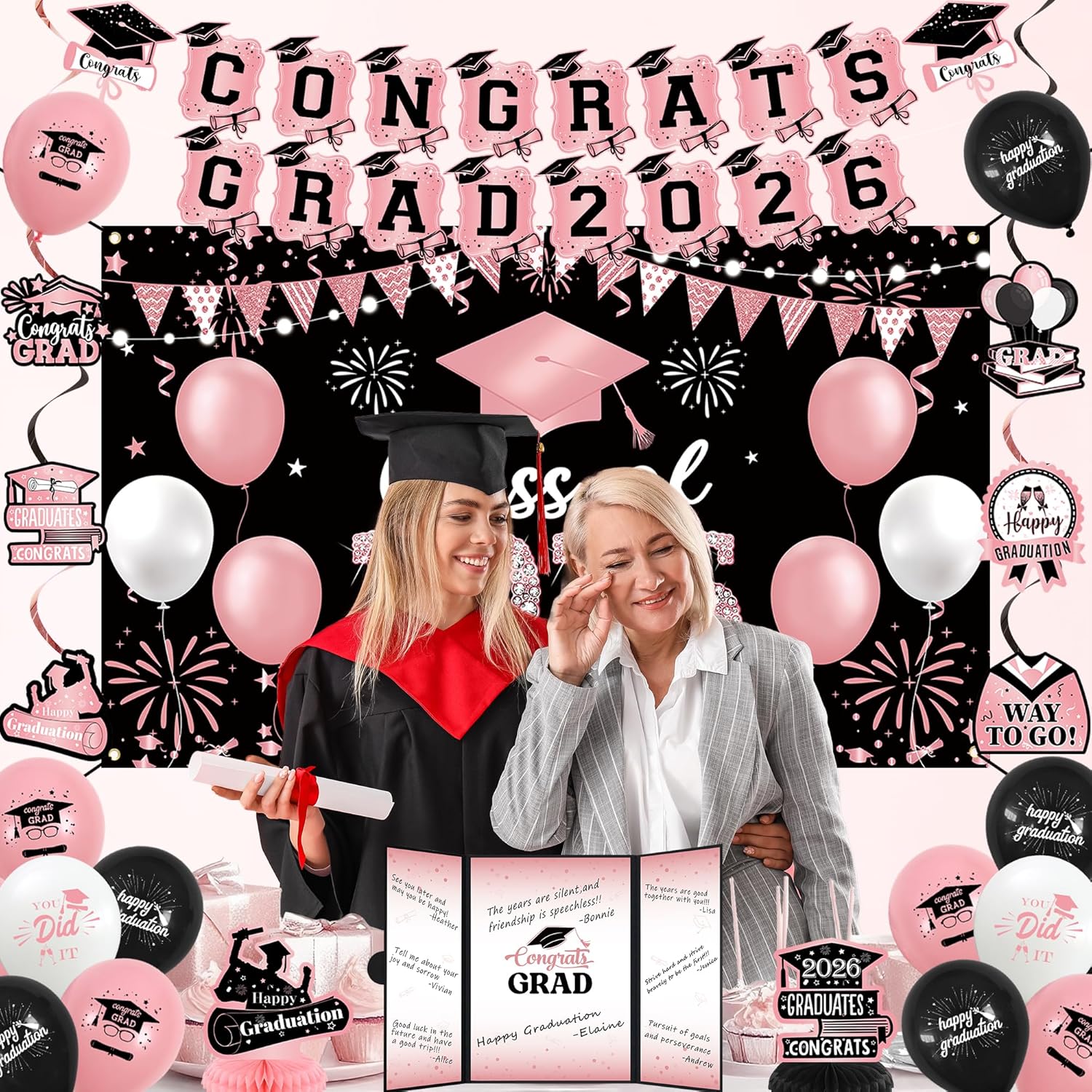 Vlipoeasn Pink 2026 Graduation Party Decorations, Class of 2026 College/High School Graduation Decorations Party Supplies, Black and Pink 2026 Congrats Grad Backdrop Banner Signature Book