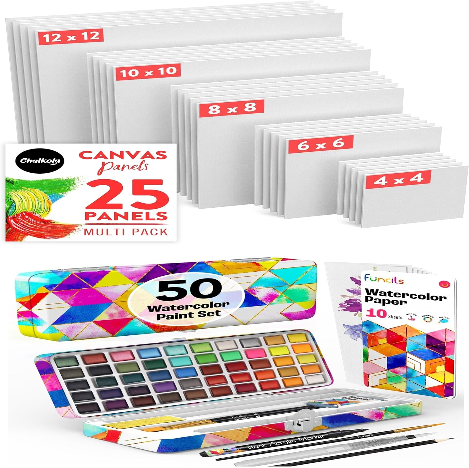 Bundle of 50 Travel watercolor Paint Set and 25 Pack Canvas Panels