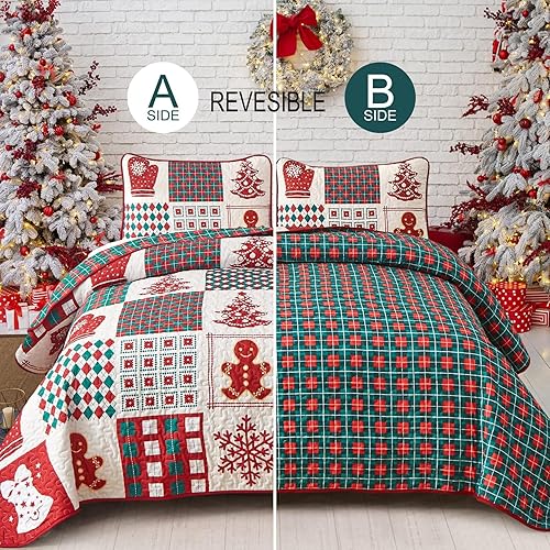 Miniatura 2 de Juego de edredón de Navidad Queen, 3 piezas reversibles de árbol de Navidad, muñeco de nieve, patrón de copo de nieve, colcha de Navidad a cuadros