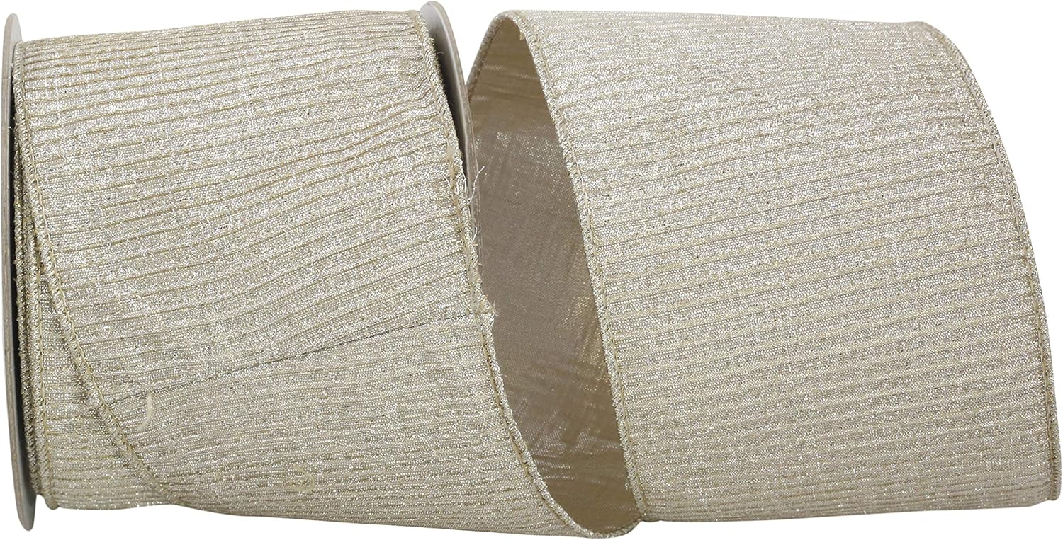 Reliant Ribbon Pleated Metallic Lux Wired Edge Ribbon, 4 Inch X 10 Yards, Platinum