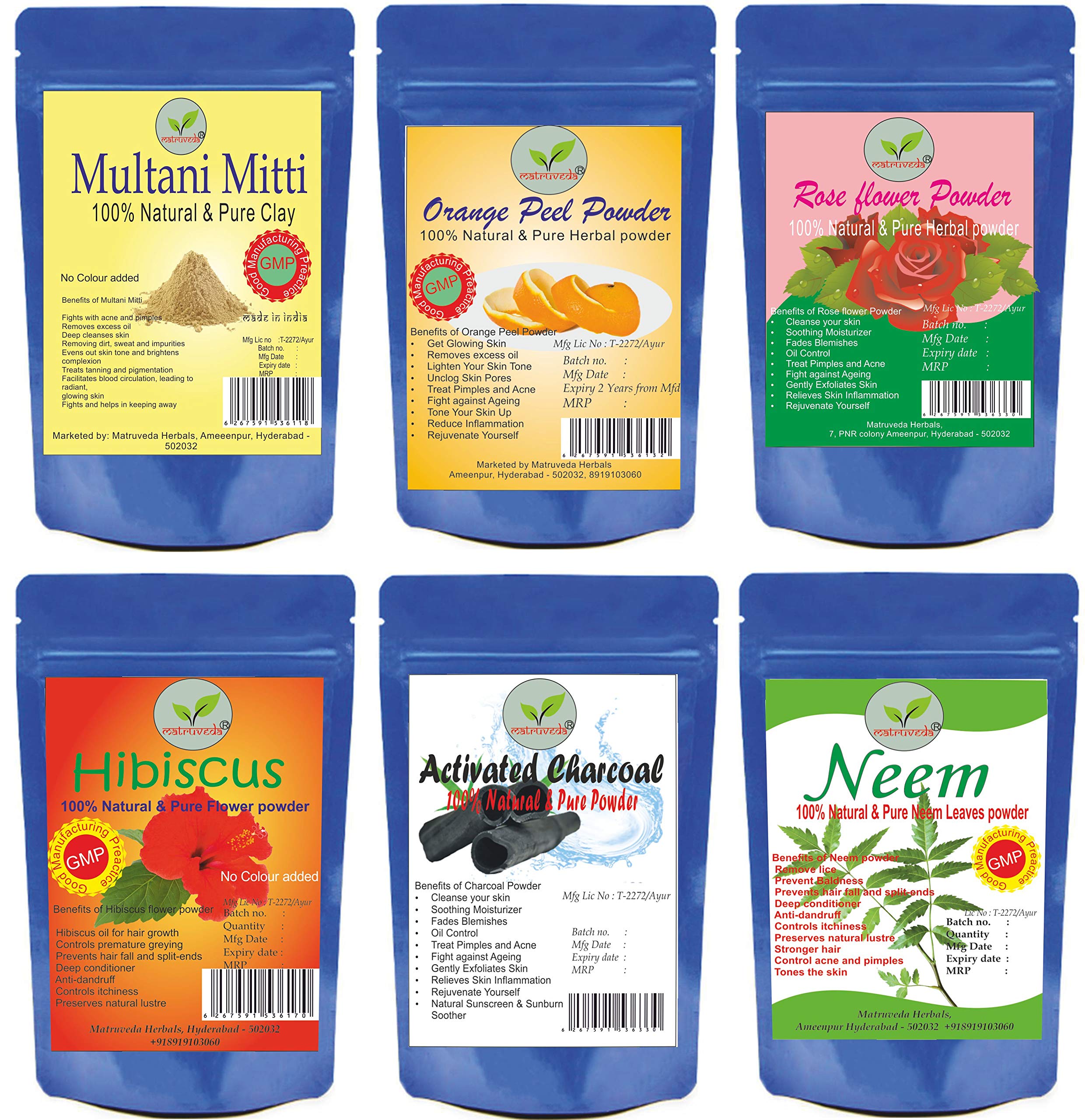 Matruveda® Herbal Natural Combo Pack of Multani Mitti Powder, Hibiscus Powder, Orange Peel Powder, Charcoal Powder, Rose Flower Powder and Neem Powder (Each Pack 50 Gm, Pack of 6) - 300 gm