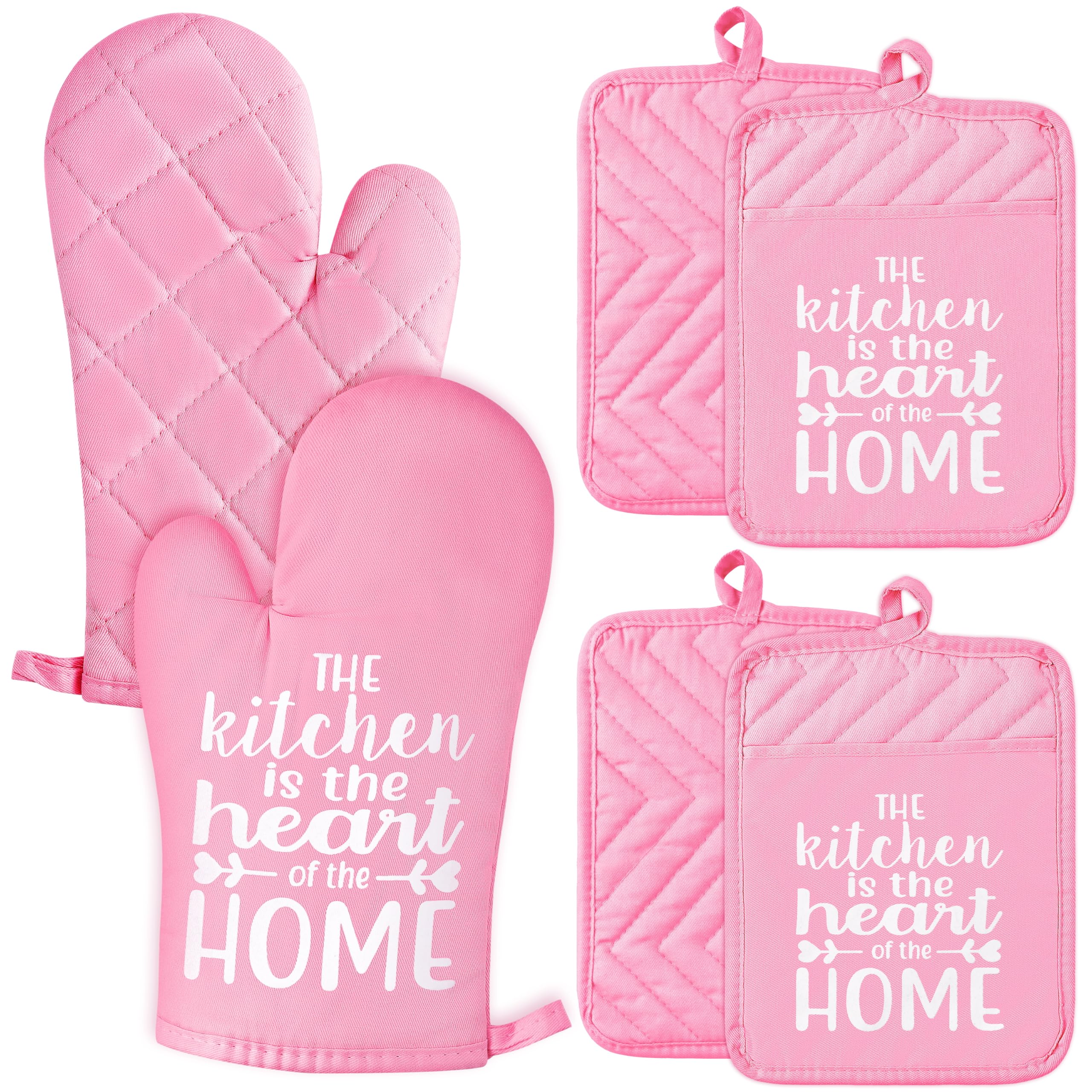 GROBRO7 6Pcs Funny Oven Mitts Pot Holders The Kitchen is The Heart of The Home Heat Resistant Hot Pad Machine Washable Gloves with Hanging Loop Pocket Hot Pad for Baking Cooking Pink