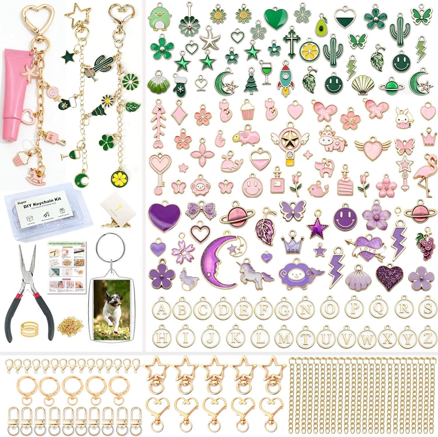 Kupor 342Pcs DIY Keychain Making Kit – 25 Keychains, Storage Box & Instruction,Great for Crafting Bag Charms, Keychain Charms Ideal for Craft Lovers (Eco-Friendly Materials) & Gift Shoppers
