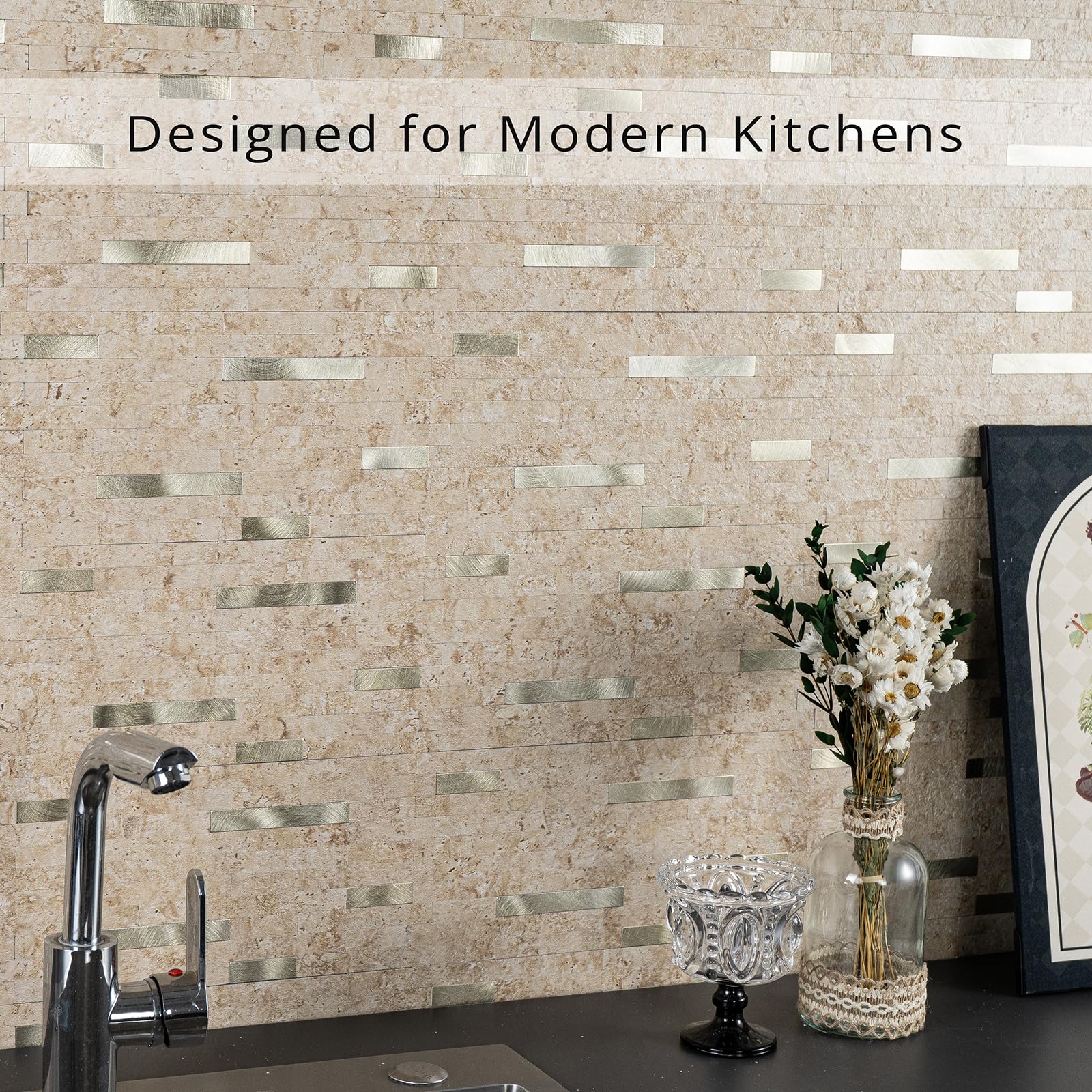 StyloVue 20 hojas para despegar y pegar contra salpicaduras para cocina, travertino clásico mejorado 2026 beige con detalles de metal dorado, azulejo adhesivo para salpicaduras de cocina, caravana