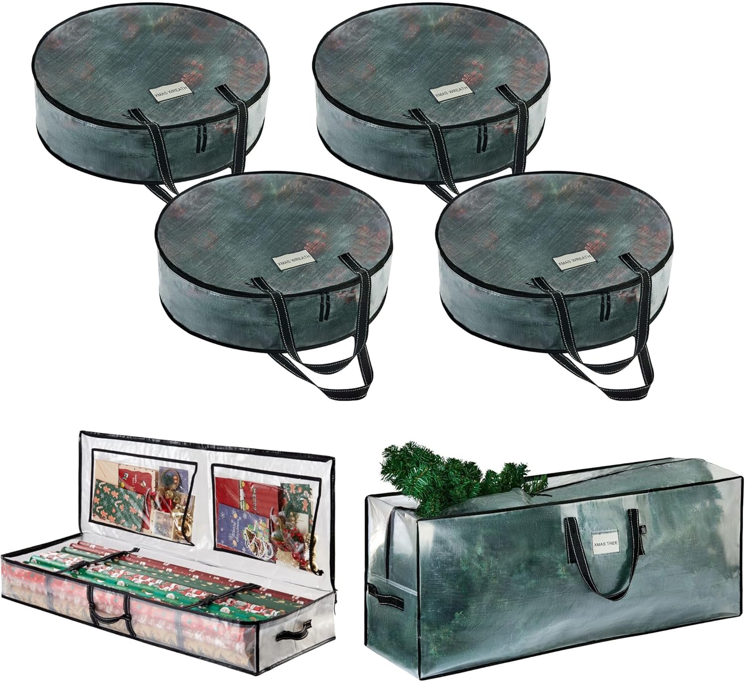 VENO 6 Pack Christmas Wreath, Tree and Wrapping Paper Storage Bags (4 Pack 36 Inch Wreath Bags, 1 Pack 7.5 ft Tree Storage, 1 Pack Gift Wrapping Paper Storage)