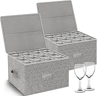 KUKIKAN Wine Glass Storage Boxes 2-Pack - Stackable Hard Shell Stemware Cases for 24 Glasses Up to 9.2" Tall, Moving & China Storage, Grey
