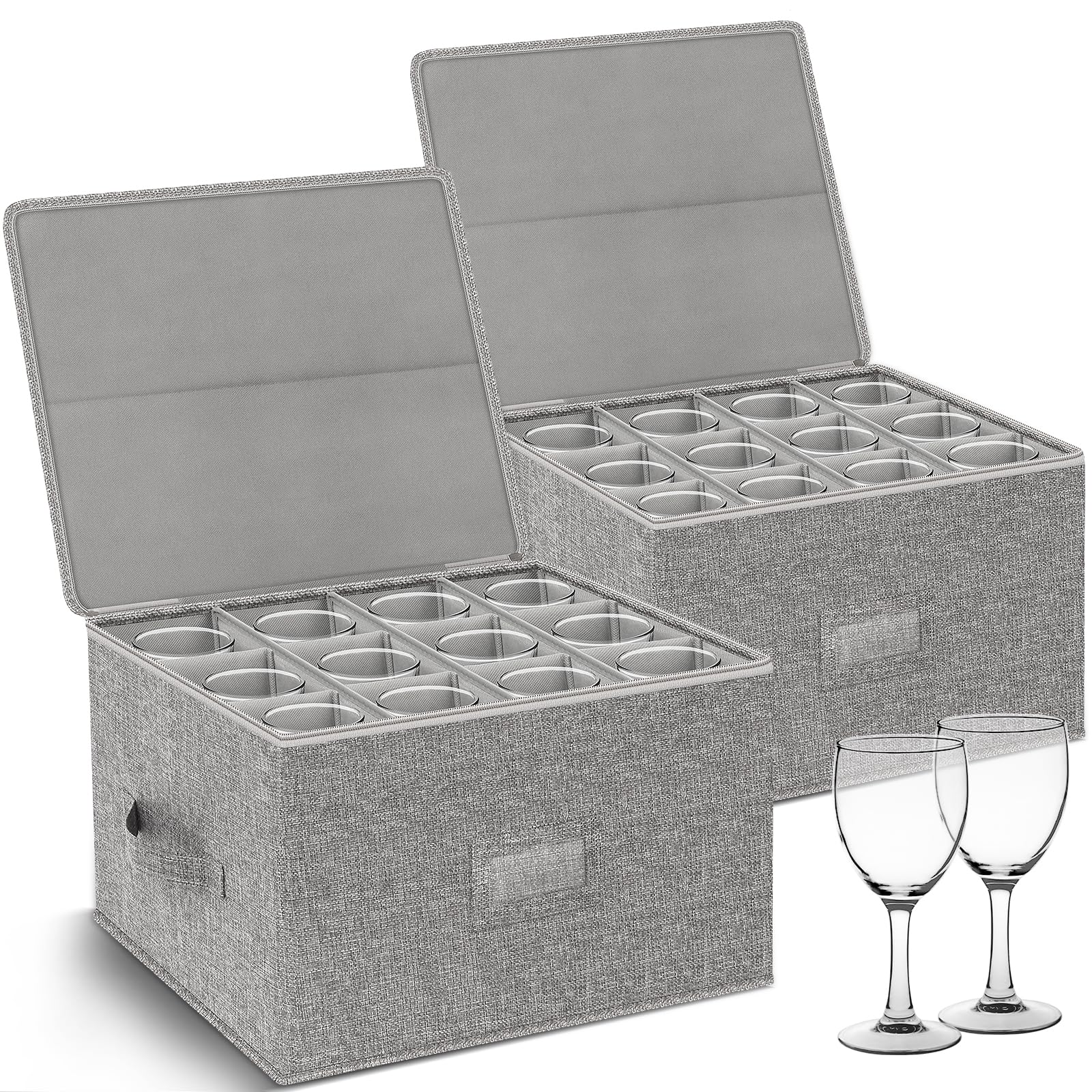 Kukikan Wine Glass Storage Box 2-Pack, Stemware Container Cases, Stackable w/Hard Shell Top Sides Bottom, Moving Supplies, China Storage Containers for 24 Crystal Glasses Drinkware 9.2'' Tall, Grey
