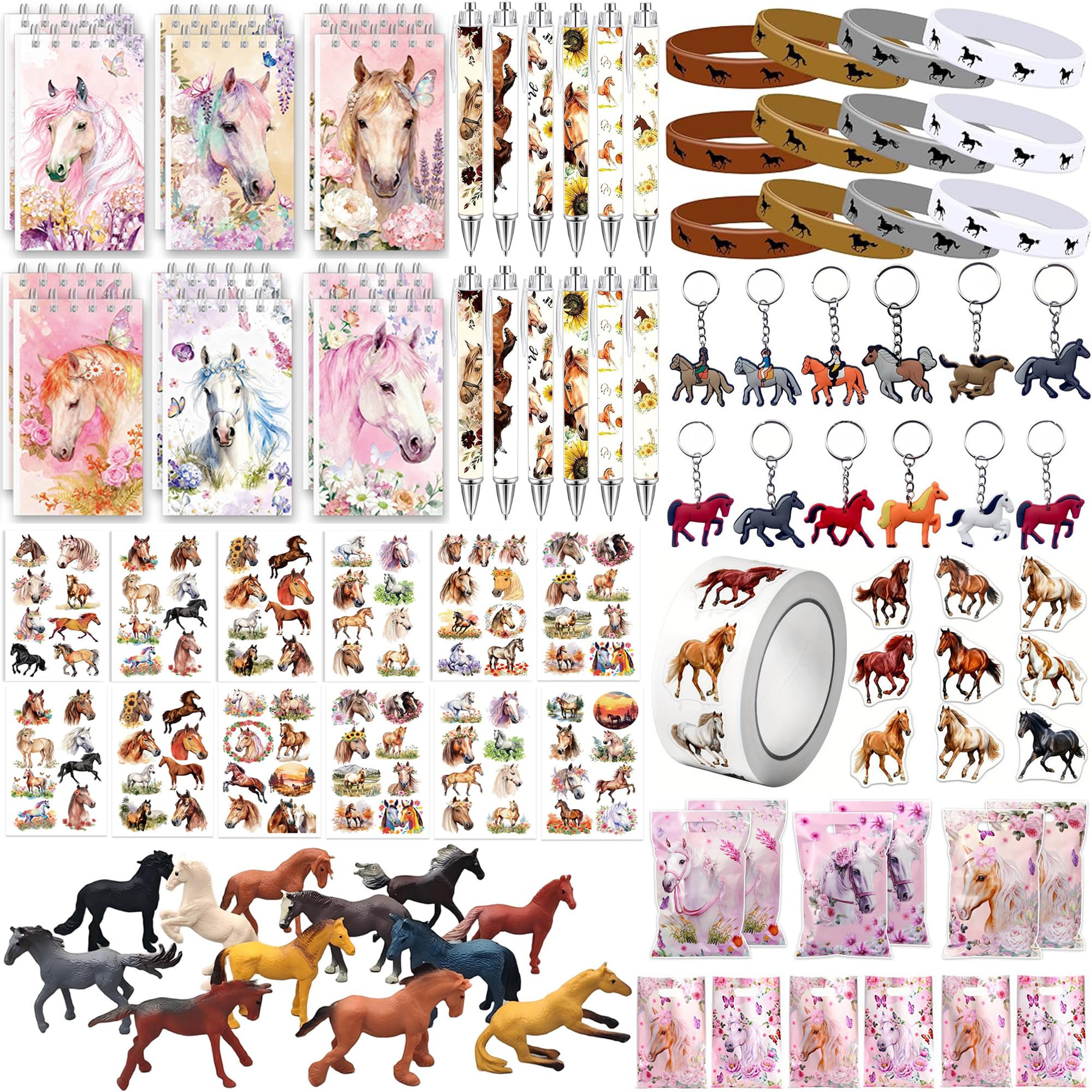 584Pcs Horse Party Gift Birthday Supplies with Pocket Notebooks Ballpoint Pens Rubber Bracelets Keychains Model Temporary Tattoos Stickers and Goodie Bags for Horse Lovers Pinata Filler Rewards