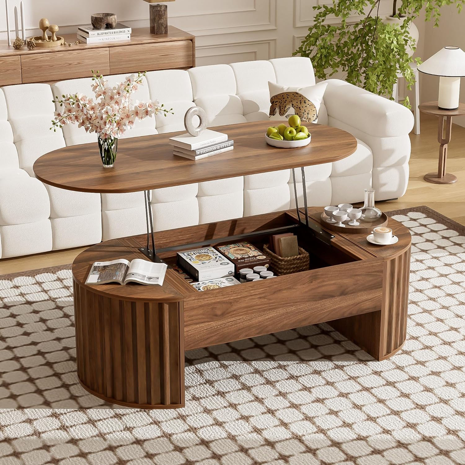 Lift-Top Coffee Table with Hidden Compartment, Modern Oval Wooden Center Table with Lift Tabletop for Home Living Room (Brown-8.8)