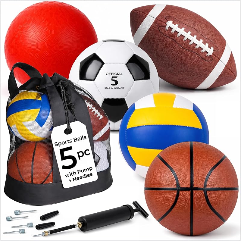 Outdoor Ball Set, Sports Ball Bag, Bag of Balls, Assorted Balls for Sports | Soccer, Football, Basketball, Volleyball, Playground Ball, Indoor Outdoor Games, Hand Pump & Needles, Mesh Carry Bag
