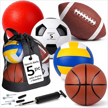 5 Pcs Sport Balls Set Official Size Athletic Balls Include Soccer, Football, Basketball, Volleyball, Playground Ball, Kickball Set, Ball Pump for Indoor Outdoor Game Youth Adult