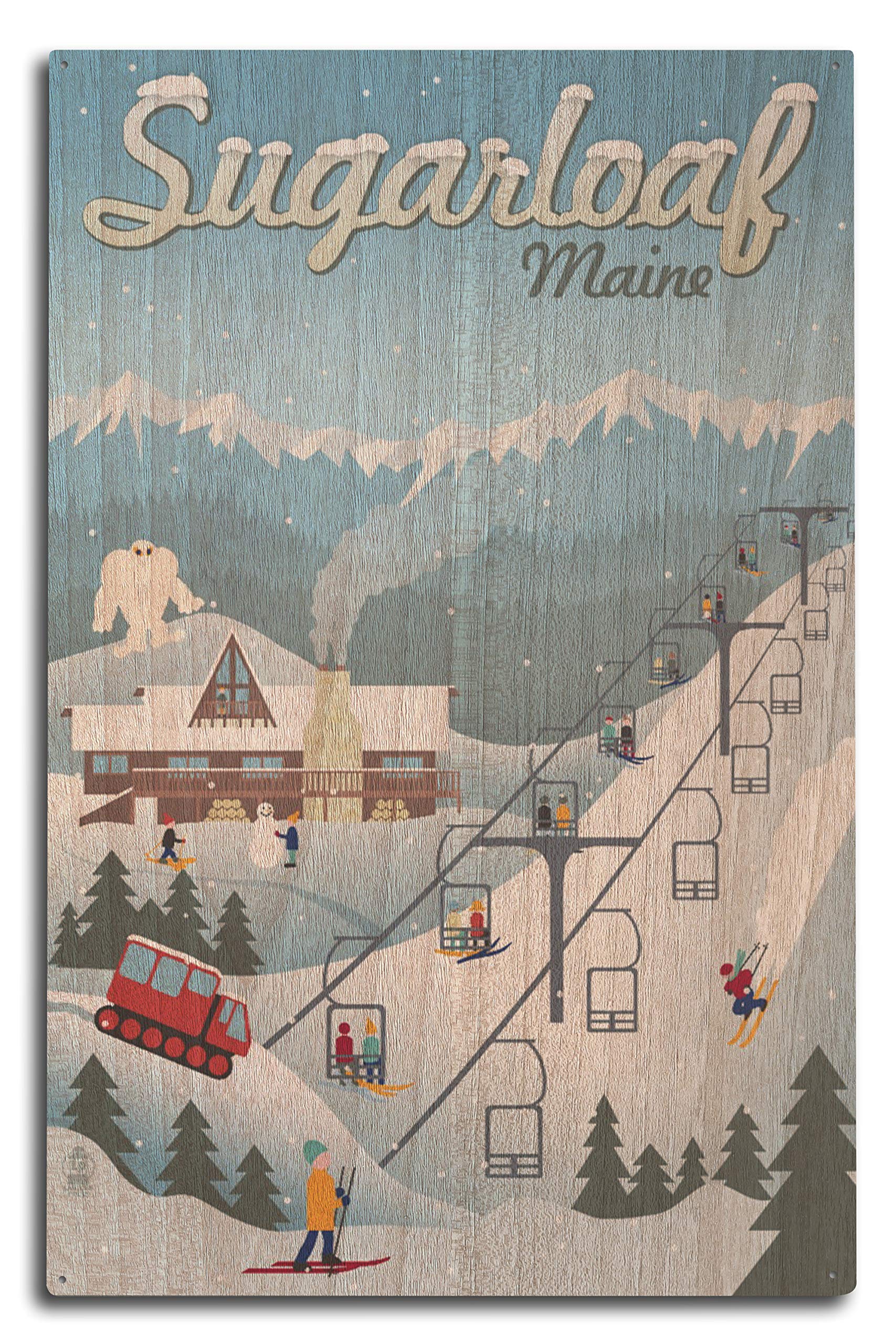Lantern Press10x15 Inch Wood Sign, Ready to Hang Wall Decor, Sugarloaf, Maine, Retro Ski Resort