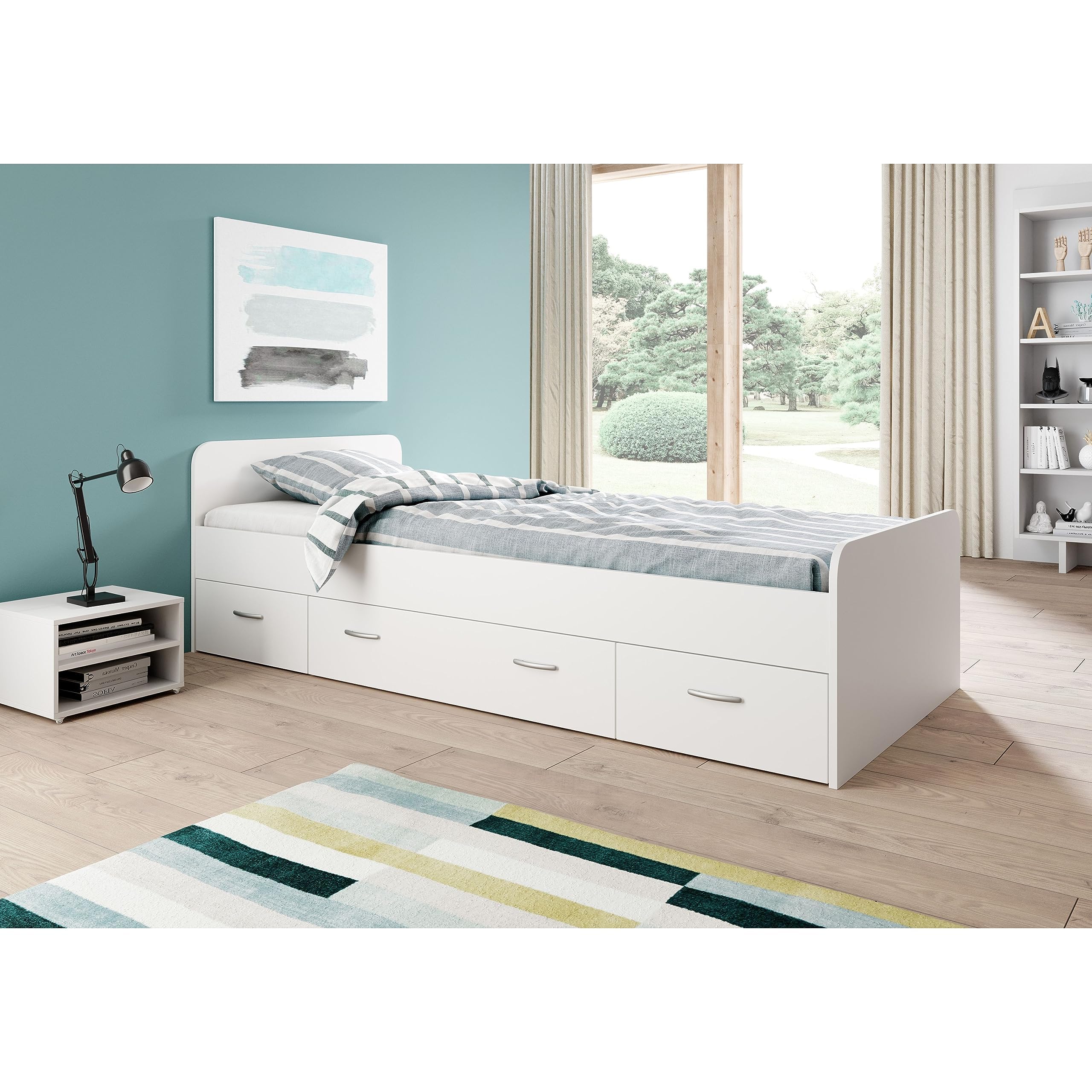Boro Modernes Einzelbett mit 3X Schubkästen 90 x 200 cm - Praktisches Jugendzimmer Kojenbett in Weiß - 95 x 66 x 204 cm (B/H/T)