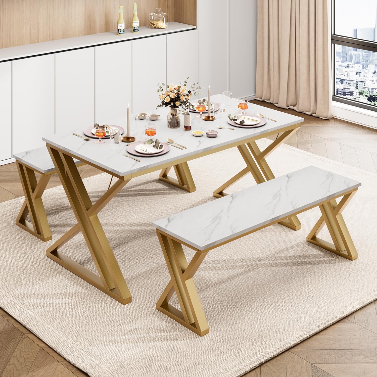 GAOMON Dining Table Bench Set for 4, Kitchen Table Set With 2 Benches, Rectangular Dining Room Table Set With Faux Marble Tabletop, Sturdy Metal Frame, Saving Space for Kitchen, Dining Room, Apartment GAOMON Dining Table Bench Set for 4, Kitchen Table Set With 2 Benches, Rectangular Dining Room Table Set With Faux Marble Tabletop, Sturdy Metal Frame, Saving Space for Kitchen, Dining Room, Apartment