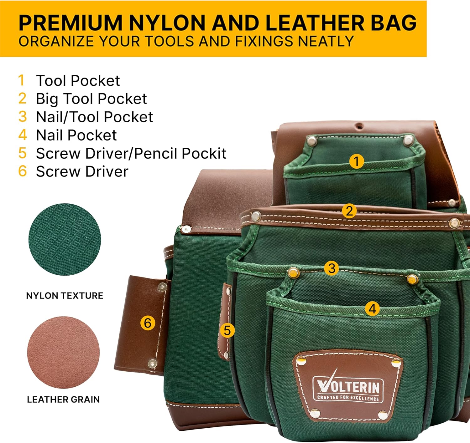 Leather And Nylon Tool Belts For Men, Framer And Electrician Tool Bags, Heavy Duty Nylon Pouch - Green