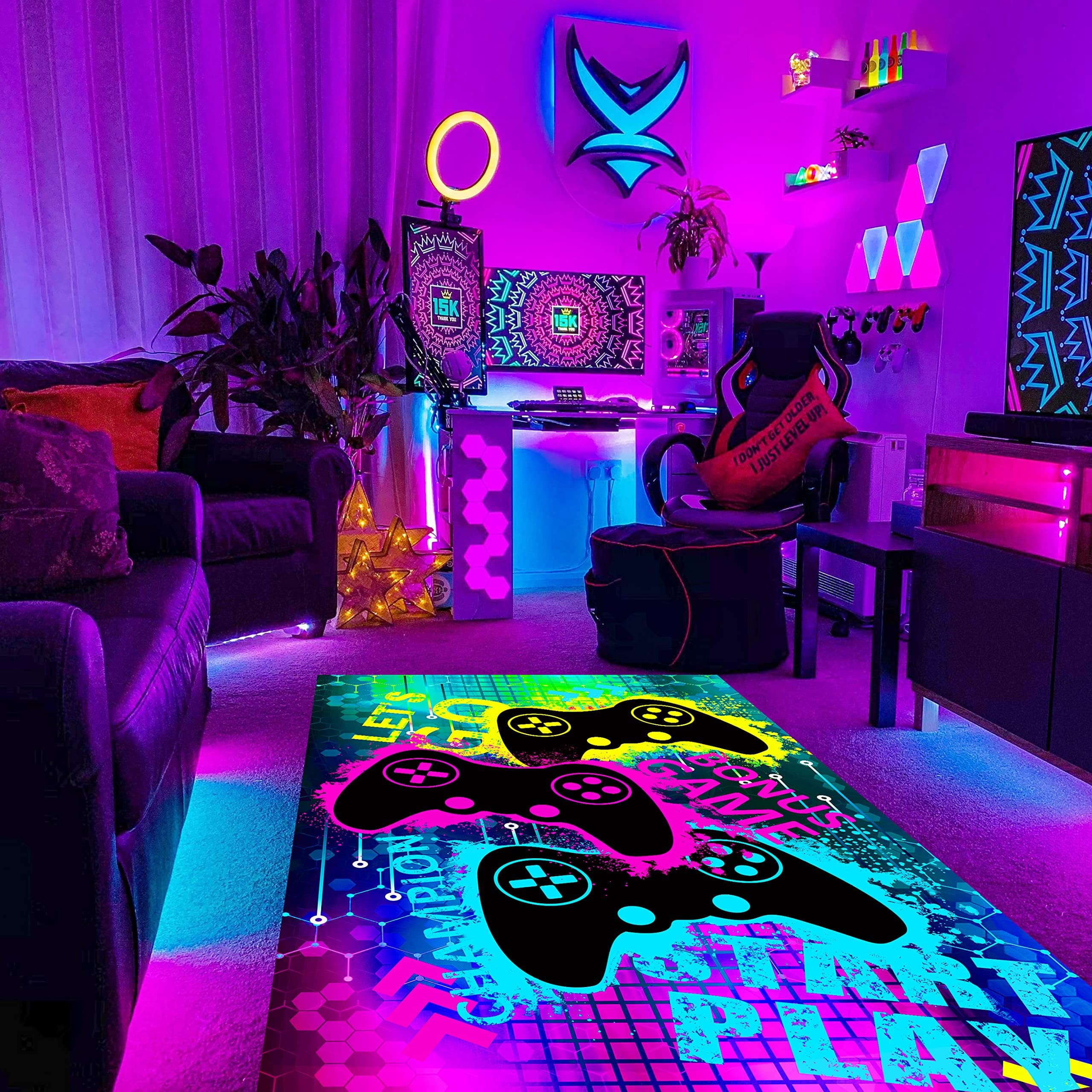 Tapis De Jeu Pour Chambre à Coucher - Motif Graffiti Néon 3D - Lavable Et Antidérapant Pour Chambre D'enfant, Salon, Salle De Jeux (bleu, 90 X 150 Cm