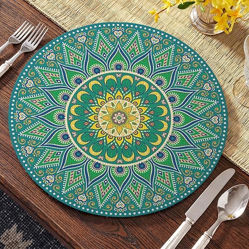 Miniatura 7 de Artoid Mode Juego de 4 manteles individuales de plástico de vinilo con mandala verde, 14 pulgadas, lavables, antideslizantes, tejidos, redondos,