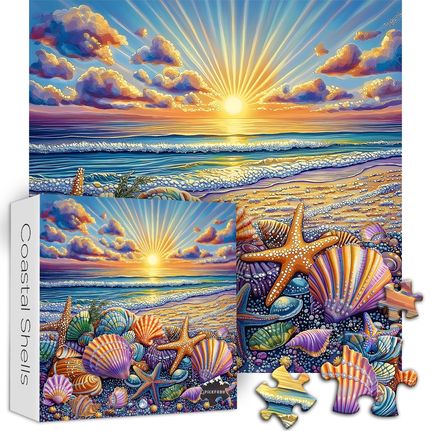 PICKFORU Beach Puzzles for Adults 1000 Piece, Ocean Seashells Puzzle Starfish, Seaside Sunset Scenery Jigsaw Puzzles Beach - Image 2