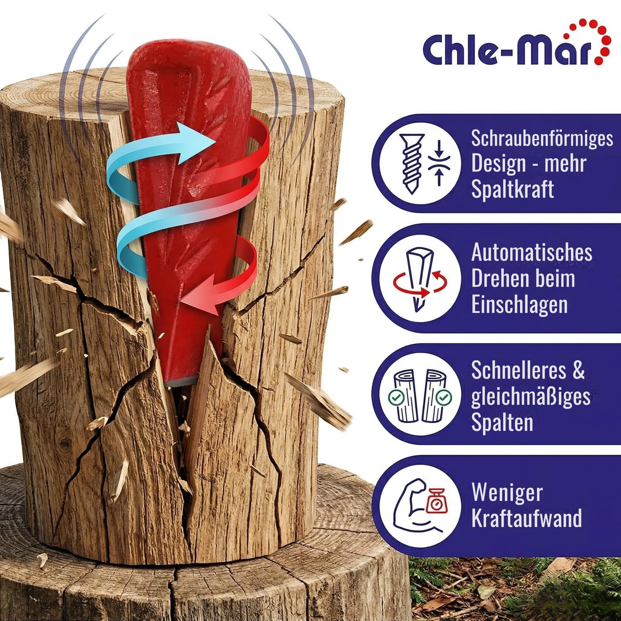 Chle-Mar Cuña para Partir leña 2 kg, Herramienta rotativa de Acero Templado | Partidor de leña para troncos y leña de calefacción, corte eficiente y seguro, accesorio forestal profesional