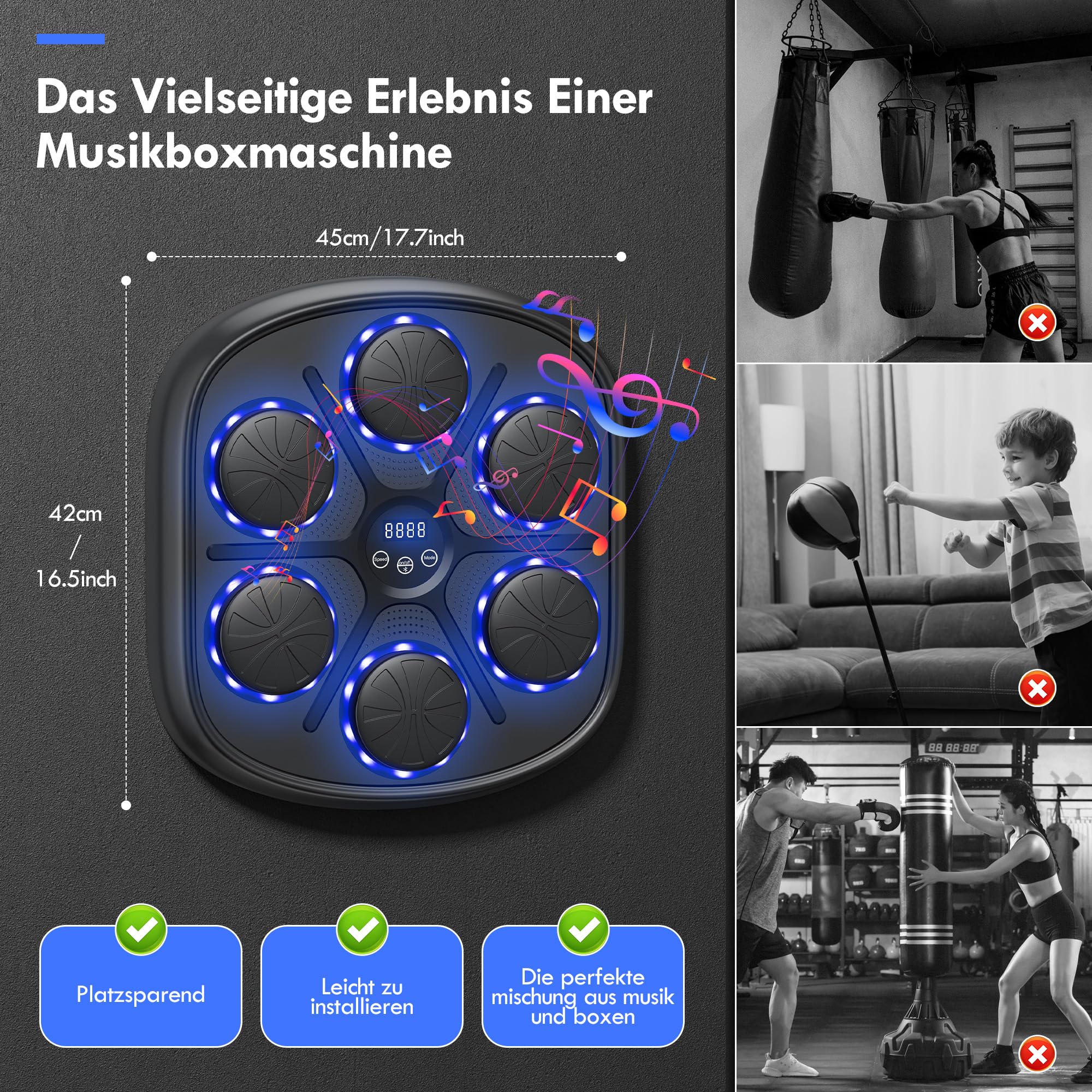 Music Boxing Machine für Erwachsene, Bluetooth Musik Box Maschine mit LED Licht, Boxhandschuhen mit 9 Geschwindigkeitsmodi und Zählmodus, Elektronische Boxmaschine für Kinder und Erwachsene