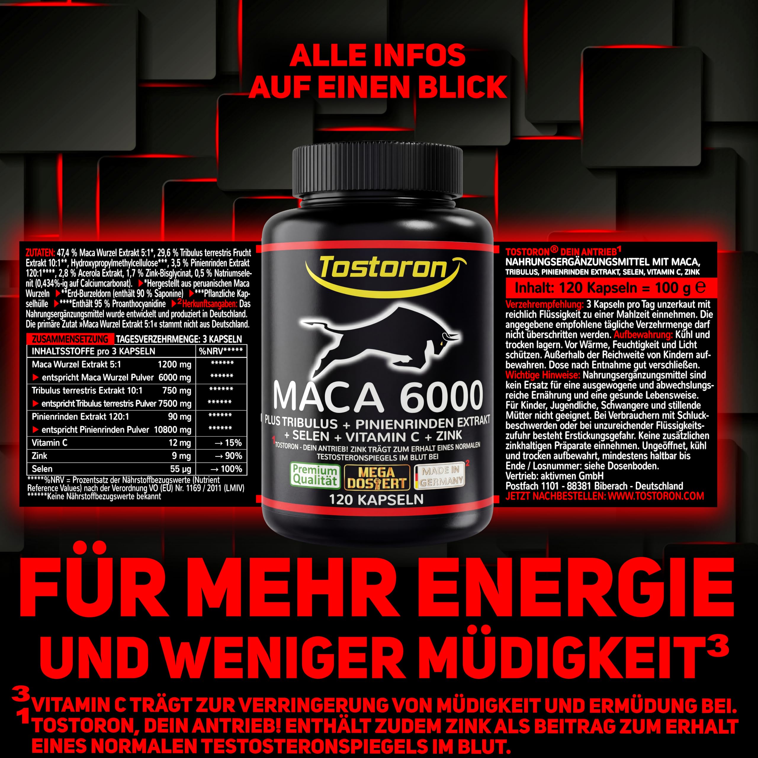 MACA Kapseln extra stark + hochdosiert - 120 Kapseln, Maca Pulver Extrakt, Tribulus terrestris, Pinienrinde, natürliches Vitamin C, Selen, Zink trägt zum Erhalt eines normalen TESTOSTERON SPIEGELS bei