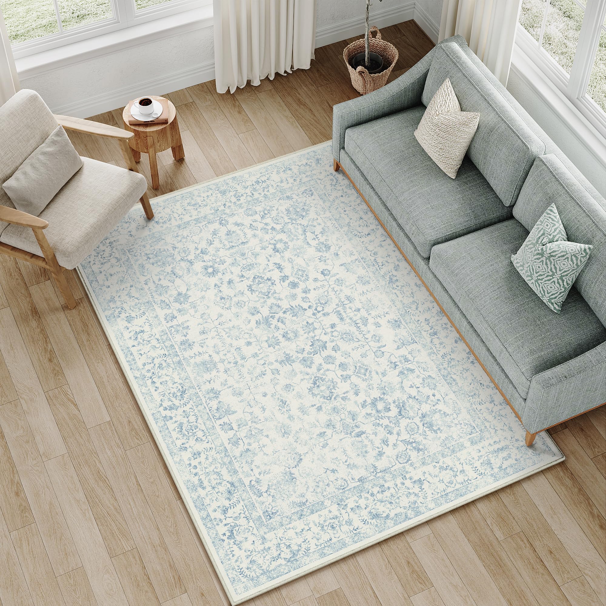 PureCozy 4x6 Blue Area Rug Non Slip Vintage Office Entryway Rug Distressed Machine Washable Kitchen Carpet Traditional Retro Floral Accent Throw Door Mat for Bedroom Bathroom Dining Living Room
