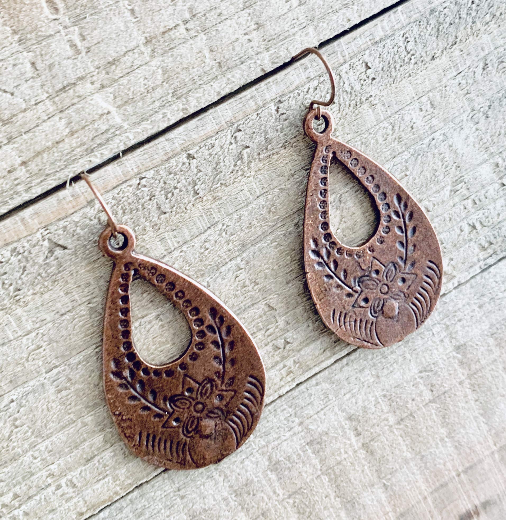 Floral Stamped Teardrop Dangle Copper Earrings