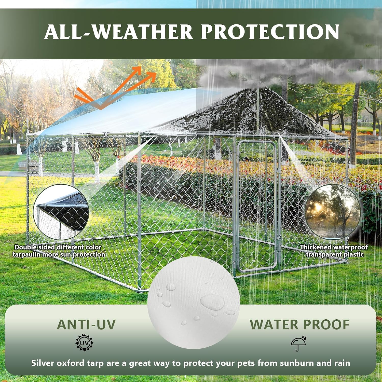 Grepatio 10x10Ft Outside Dog Kennel with Waterproof, Outdoor Dog Enclosure for Large Dogs, Heavy Duty Welded Wire Dog Run Cage, Galvanized Steel Dog Playpen Fence with Secure Lock 118" x 118" x 83"