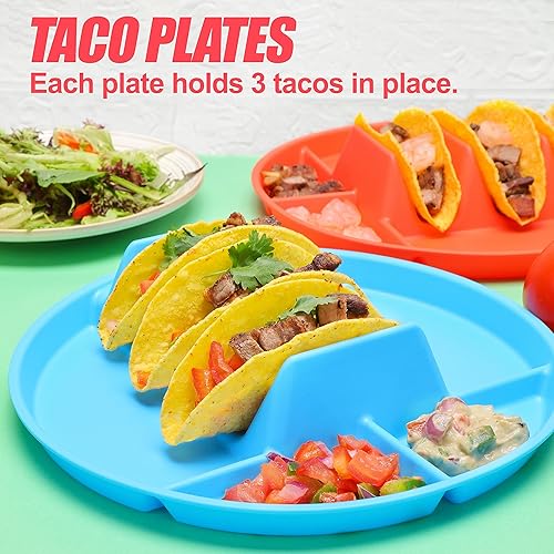Miniatura 7 de Paquete de 8 platos de plástico para tacos, platos grandes de 10 pulgadas con divisores, coloridas bandejas de tacos para el día del taco, martes de