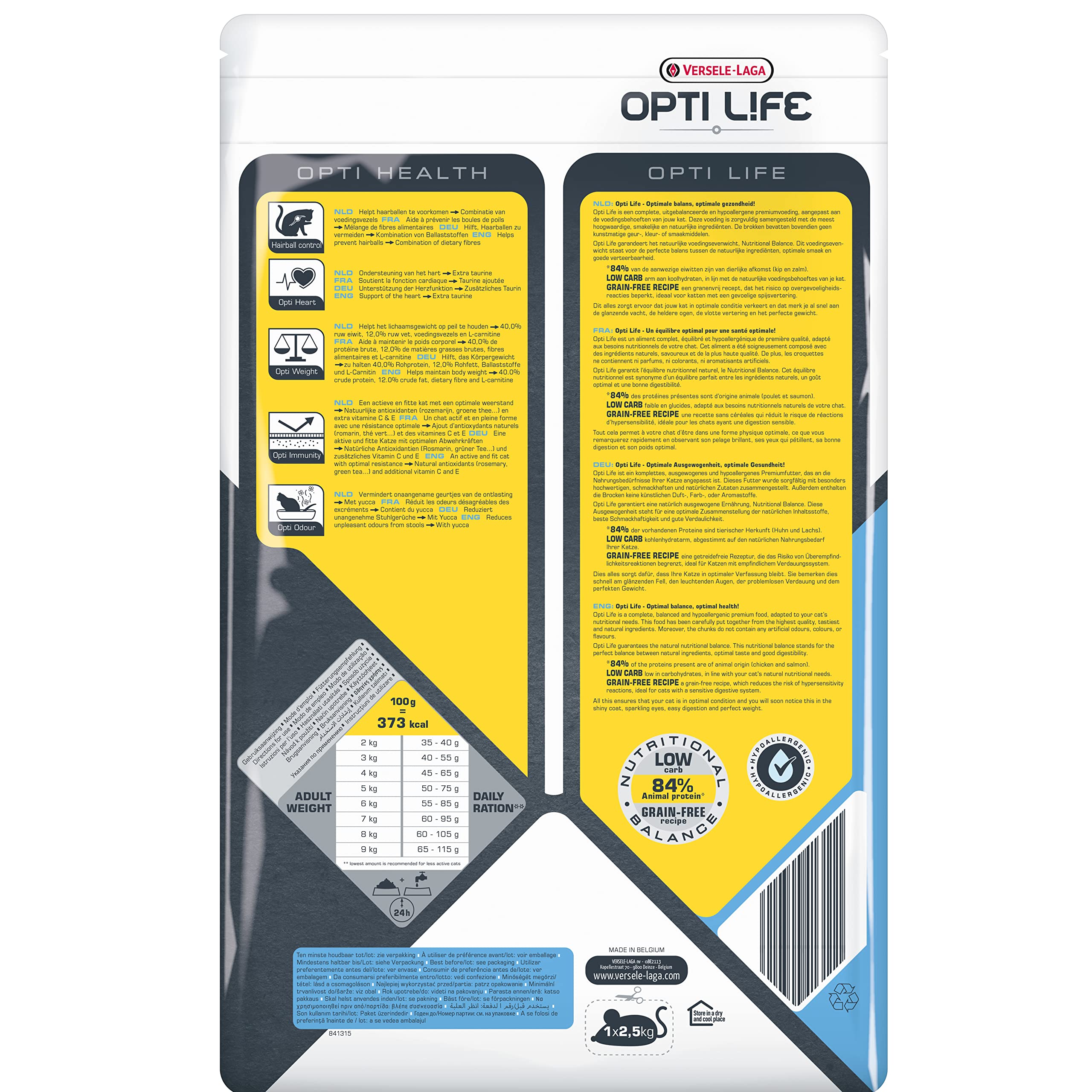 VERSELE LAGA - OPTI Life Alimento para Gatos Adultos esterilizado/Ligero - Sin Cereales - con Pollo - 7,5 kg