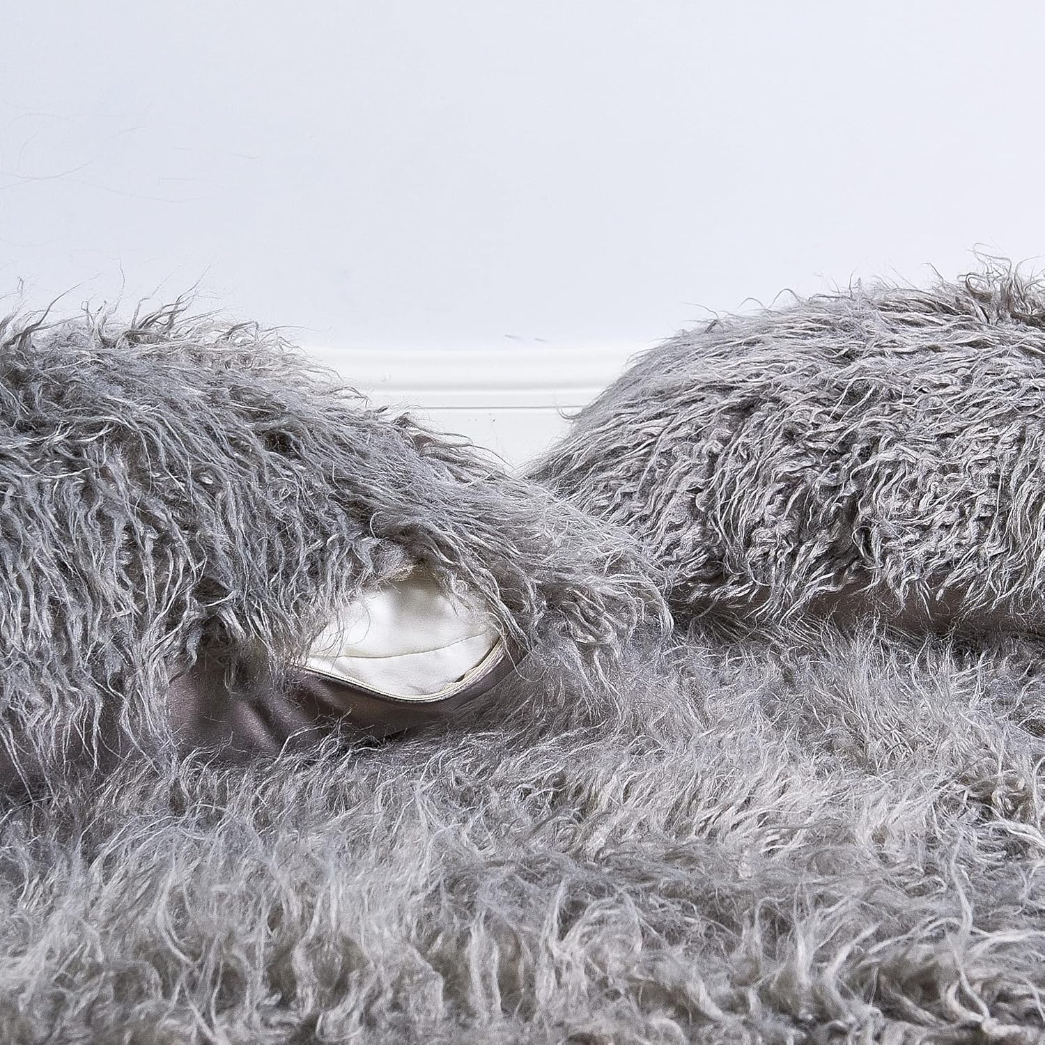 Mongolian Long Hair Faux Fur 50" x 60" Plush Throw Blankets with Two 20" x 20" Pillow Covers (NO Inserts) 3 Piece Set, Soft Luxury Furry Shaggy Throw with Micromink Back for Couch Bed, Gray