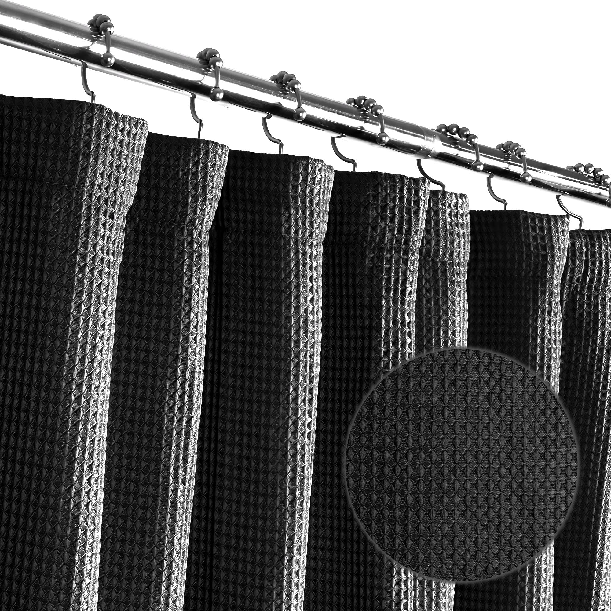 LiBa Waffle Weave Fabric Black Shower Curtain, 72 W x 84 H Water Repellent & Heavyweight, Hotel Quality & Machine Washable Cloth Linen Long Shower Curtains Set and for Bathroom