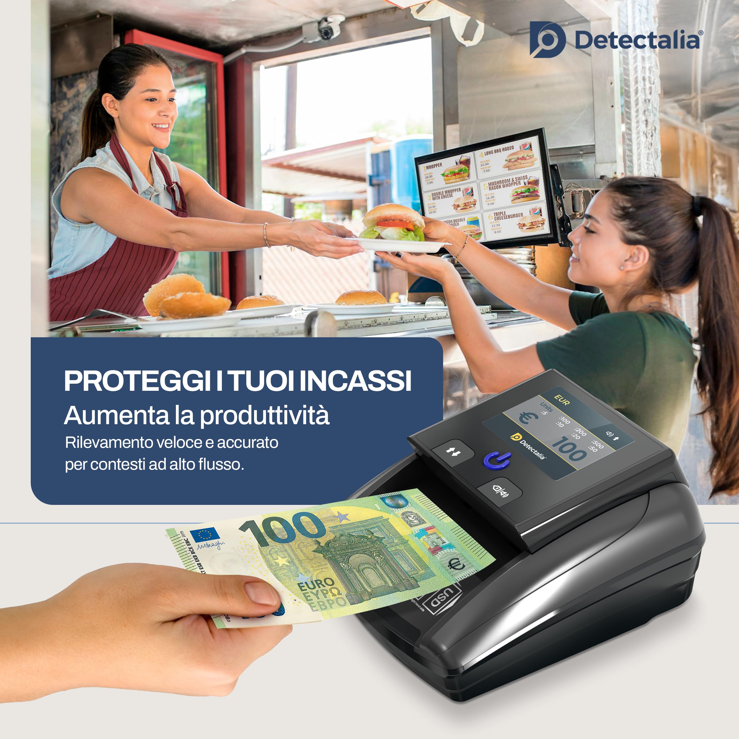 Detectalia D7T+ Rilevatore di banconote false con 100% rilevamento, 5 sistemi di rilevamento per 3 valute EUR, GBP, USD e Display a colori TFT