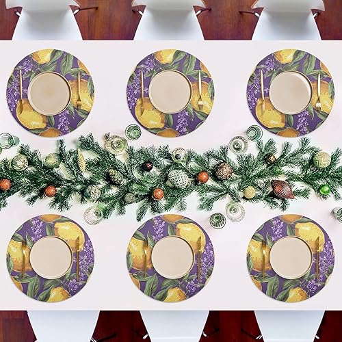 Miniatura 5 de Juego de 6 manteles individuales para mesa redonda, color morado lavanda y naranjas, manteles individuales lavables de granja para comedor, cocina,