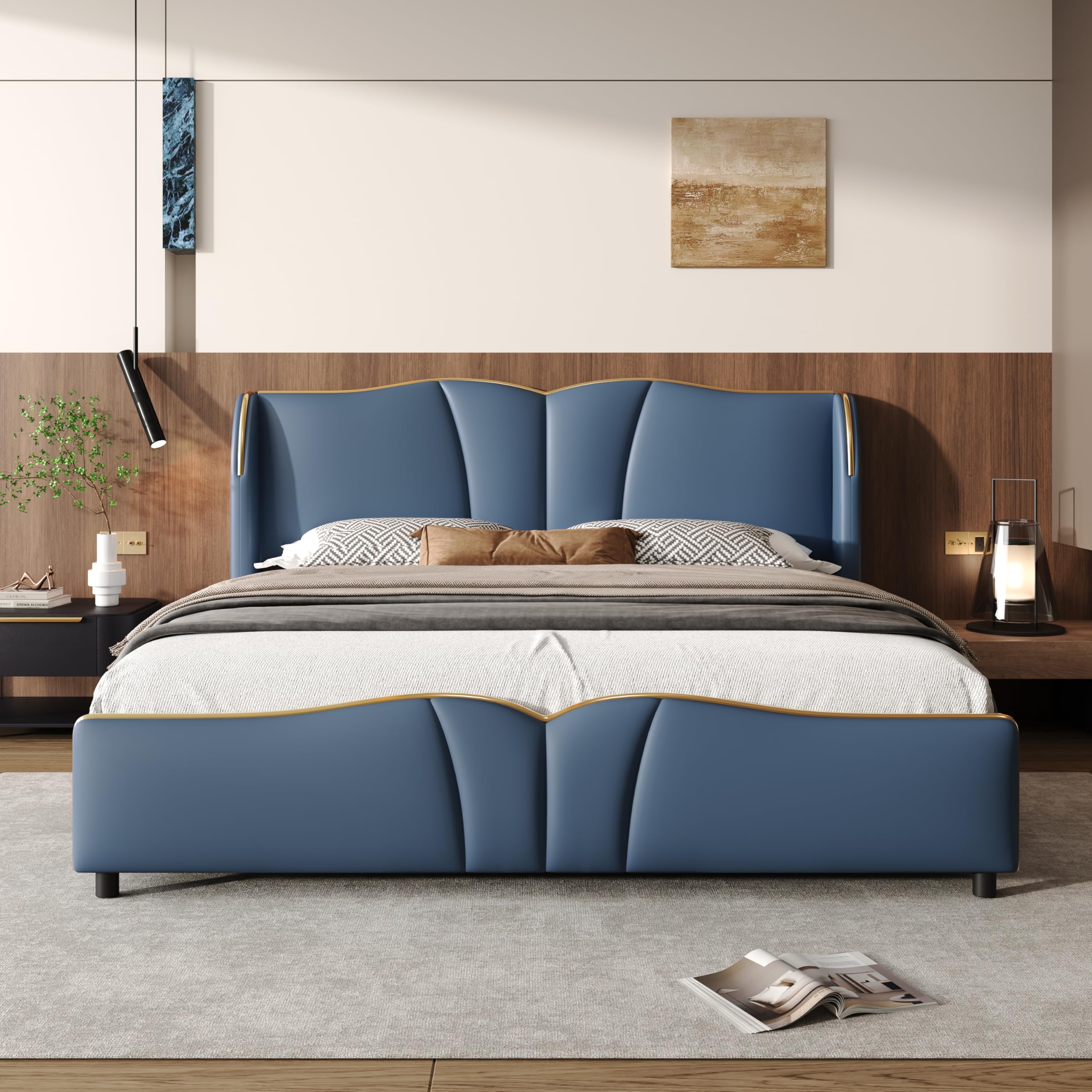 Queen Size PU Leather Upholstered Platform Bed Frame,Modern Bed Frame with Wingback Head Board and Wavy Footboard, No Spring Box Needed, Antique Blue