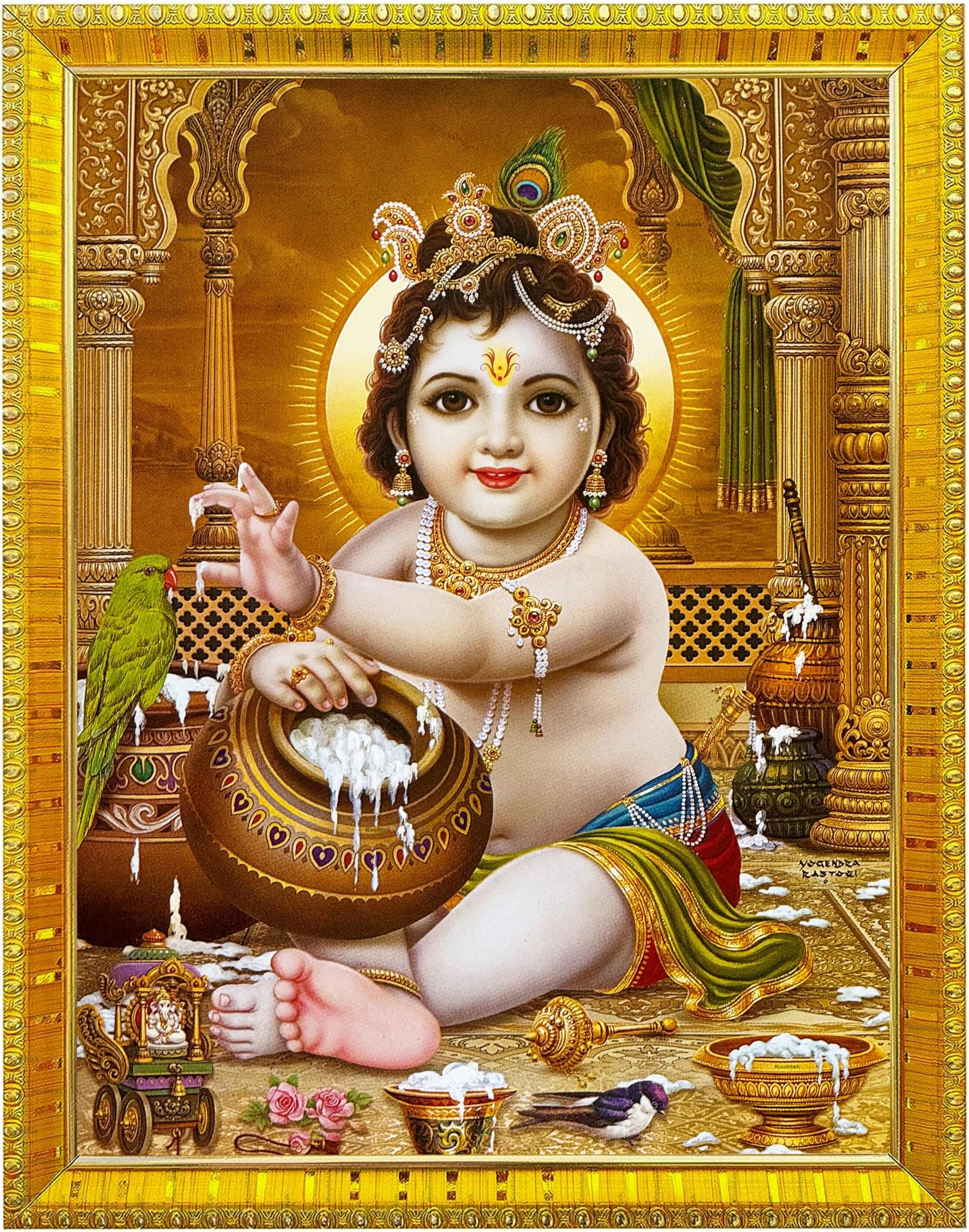 Koshtak Laddu Gopal/ Bal Roop Krishna/ Bal Gopal /Makhan Chor Kanha Photo Frame With Glossy Lamination On Poster With Golden Frame For Puja Room/Temple/Wall Hanging/Gift/Home Decor/Worship Size 30cm x