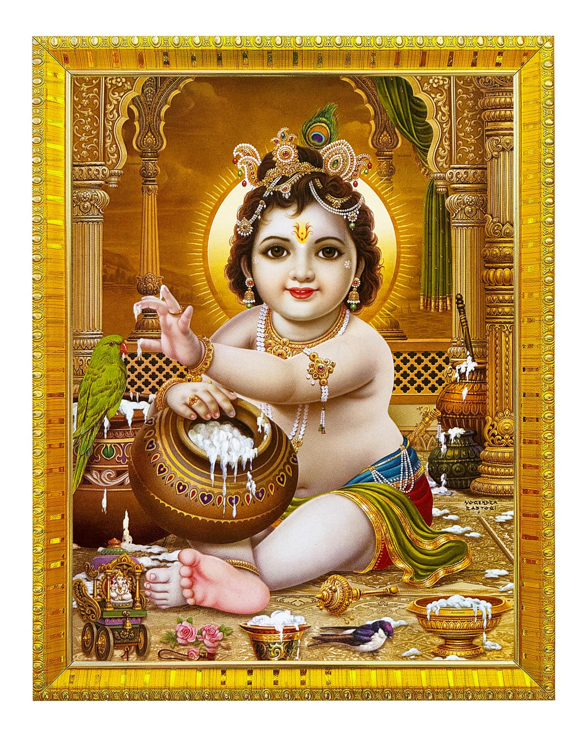 Koshtak Bal Roop Krishna Bal Gopal Makhan Chor Kanha Photo Frame With Glossy Lamination On Poster With Golden Frame For Puja Room/Temple/Wall Hanging/Gift/Home Decor/Worship Size 30cm x 23 cm…..