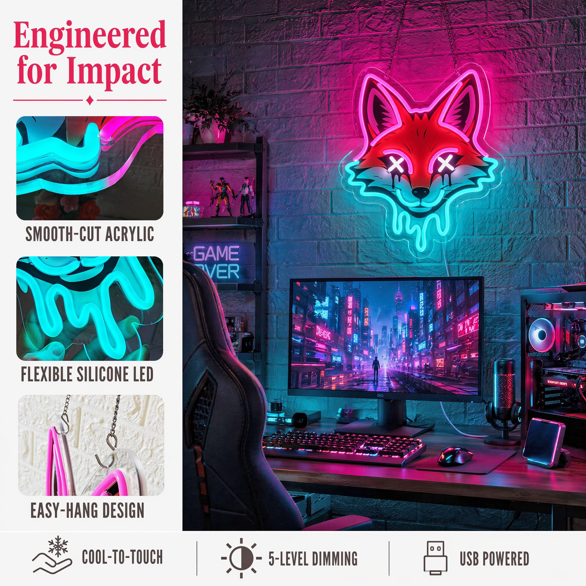 Cyberpunk - Letrero de neón LED rosa y azul hielo para decoración de pared, 14.5 x 12.6 pulgadas, letrero de neón de animales estéticos oscuros con cable USB de 6.5 pies, luces de neón de zorro