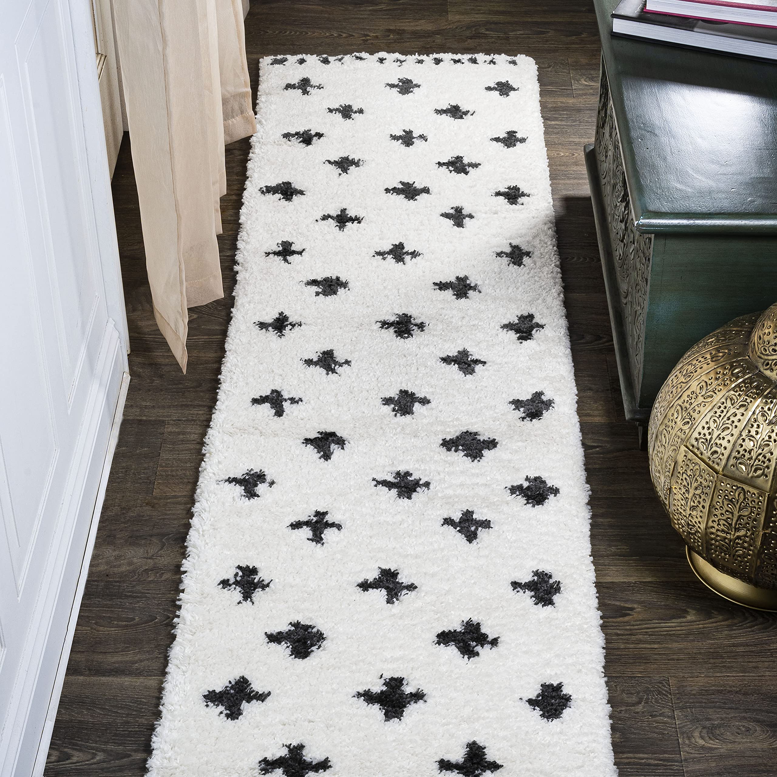 jonathan y cristo berber geometric shag white/gray runner rug, 2x10, bohemian, contemporary, easy-cleaning for living room, bedroom, kitchen, pet friendly, non-shedding