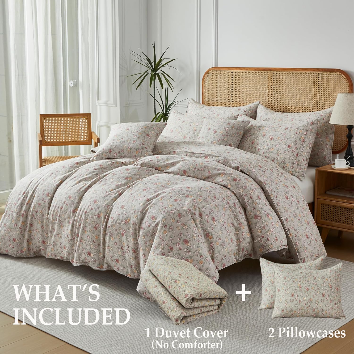 FADFAY King Duvet Cover Set - 100% Muslin Cotton Double Gauze, Ultra Soft Breathable Cloud Bedding, Light Grey Floral Cottagecore Design, 3-Piece Luxury Shabby Chic Comforter Cover with Zipper