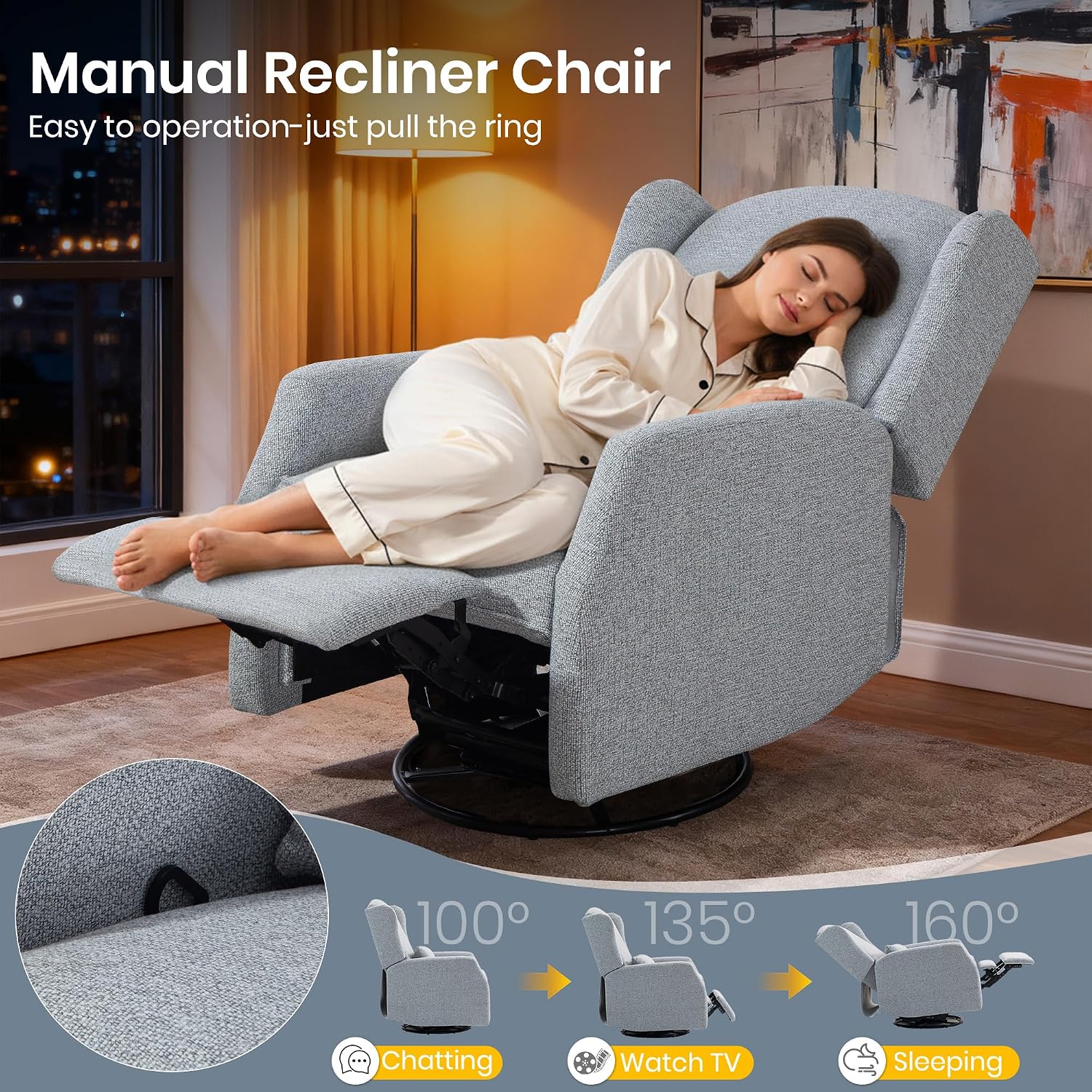 Swivel Rocker Recliner Chair with Adjustable Footrest, Swivel Rocking Recliner with Deep Seat Lumbar Pillow, Nursery Glider Recliner, 360° Recliner Chair for Living Room&Bedroom&Office (Gray)