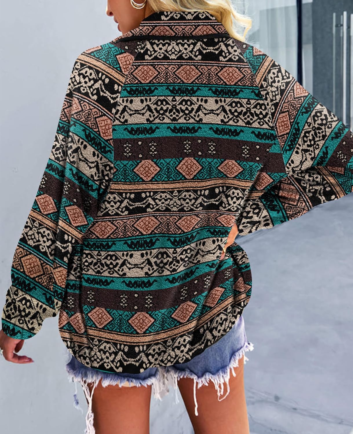 SELINK Womens Fleece Jacket Western Aztec Print Long Sleeve Snap Button Down Shacket Jackets with Pockets - Image 2