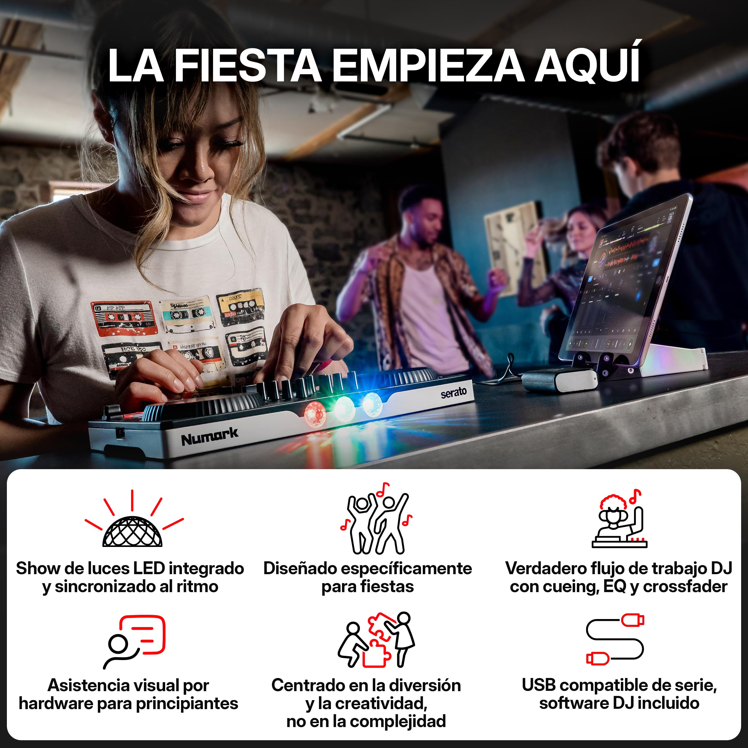 Numark Party Mix III Controlador DJ Bluetooth con Luces Integradas | Beat Assist, Smart Fader, 16 pads, mezclador DJ de 2 decks, control Stems, USB-C, Serato DJ Lite y Algoriddim djay incluidos