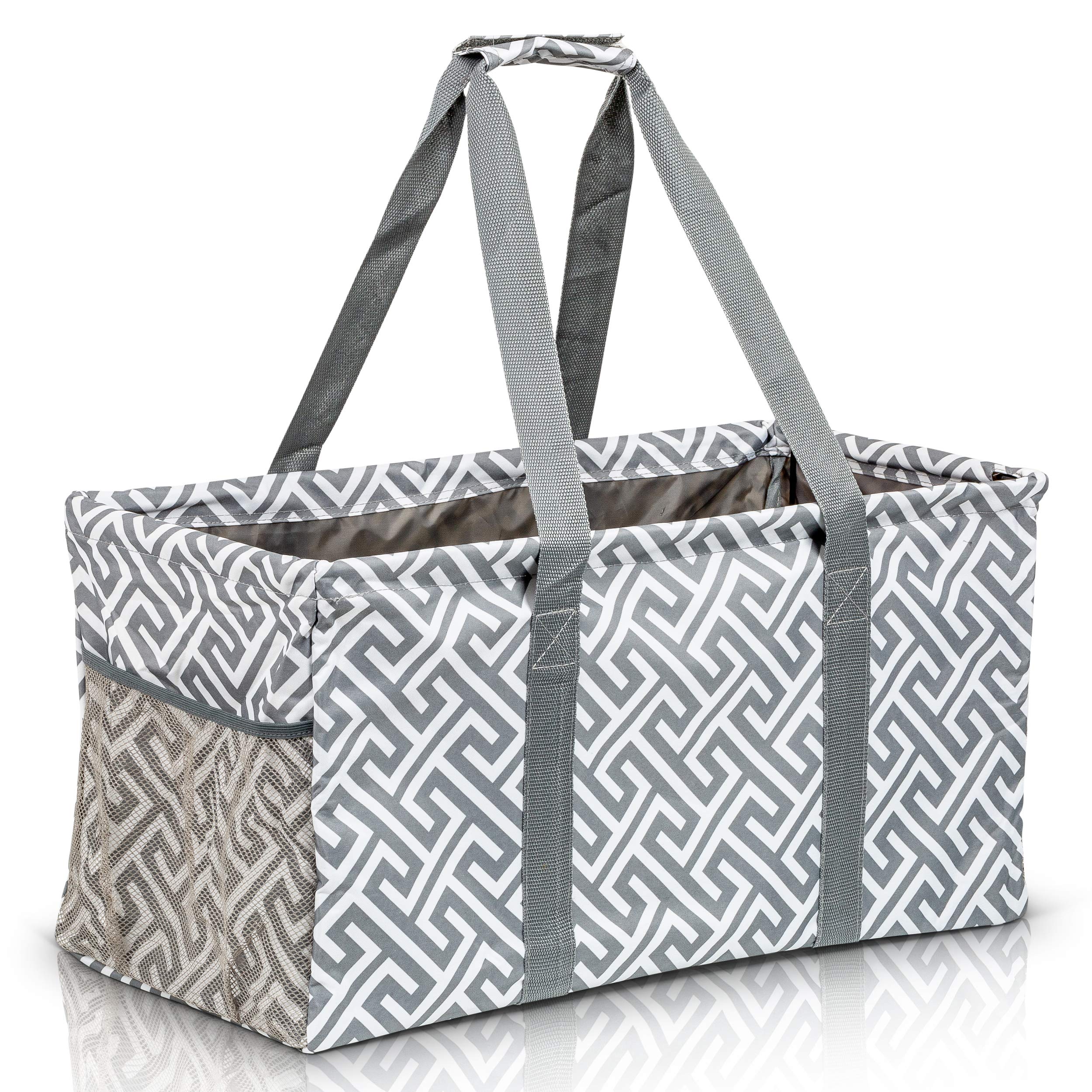 Lucazzi Extra Large Utility Tote Bag, Oversized Collapsible Reusable Wire Frame Rectangular Canvas Basket With Two Exterior Pockets For Beach, Pool, Laundry, Car Trunk, Storage - Geo Grey