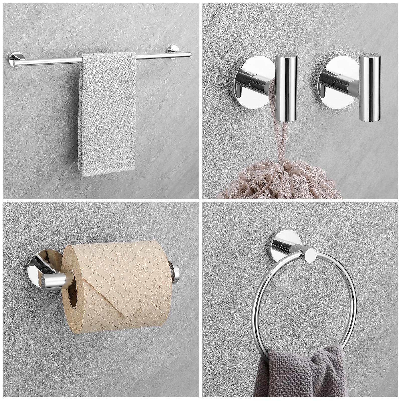 Set di accessori da bagno cromati, 6 pezzi porta asciugamani include barra portasciugamani da 19,68/59,9 cm, porta carta igienica, anello per asciugamani e gancio per asciugamani da parete set di